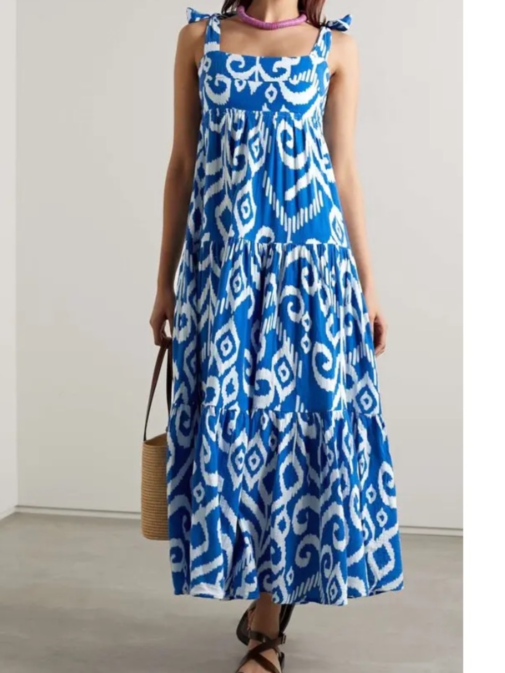 Honorine Marguerite tiered blue and white ikat cotton-gauze maxi dress L